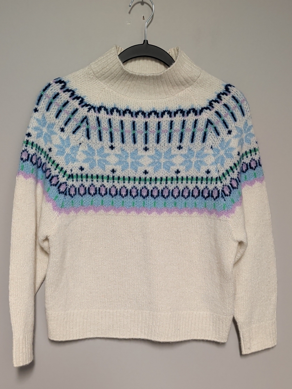 Old Navy Cream Fair Isle Mock Neck Sweater with Blue, Green & Lavender Accents